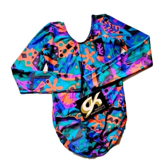 GK Elite VTG Geometric 80s Color Splotch LS Leotard Purple Green AS Adult S, NWT - Picture 1 of 13